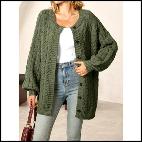 Oversized Cable Knit Cardigan, Chunky Button Down, Lantern Sleeve, Crew Neck - Picture 2 of 6